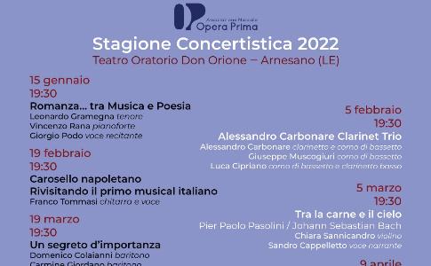 Al via il 15 gennaio la Stagione Concertistica 2022 di Opera Prima: sul palco del Teatro “Oratorio Don Orione” di Arnesano (Le)